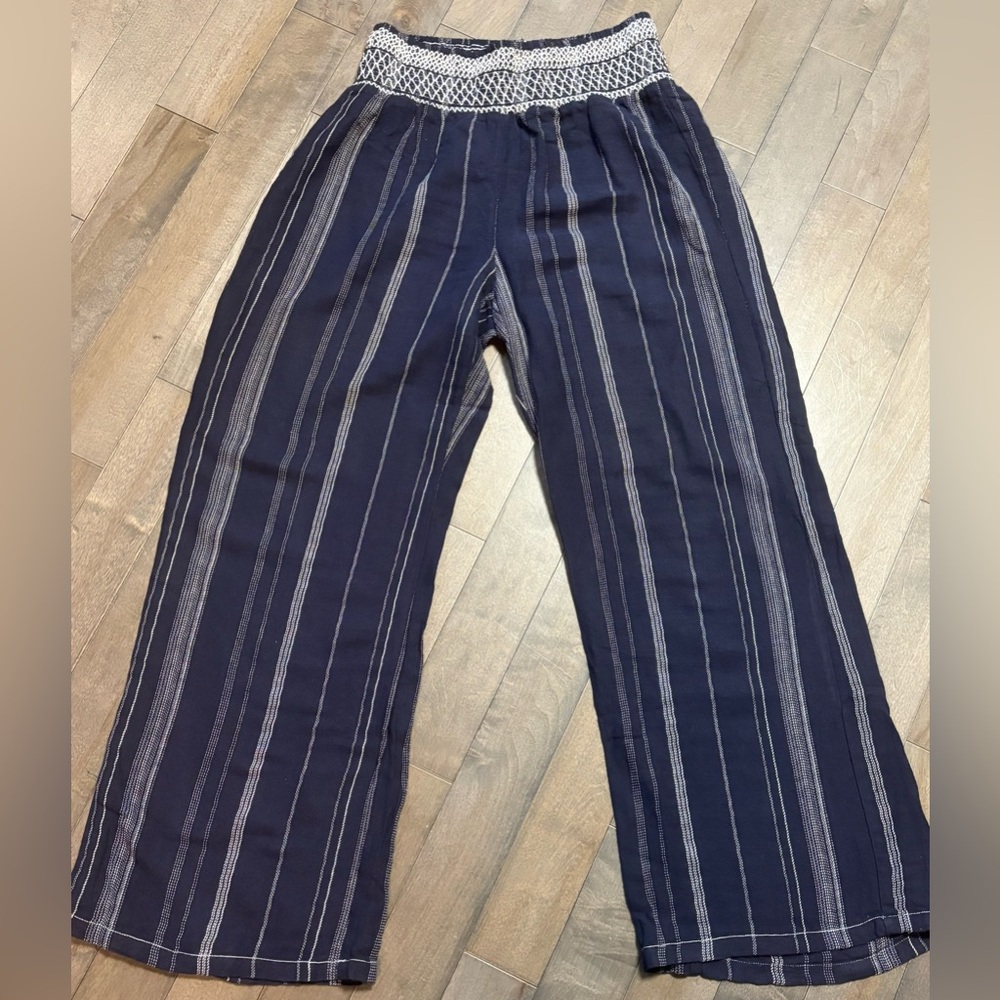 Cali 1850 Los Angeles Women's Casual Linen Blend Boho Pants Blue White NWOT